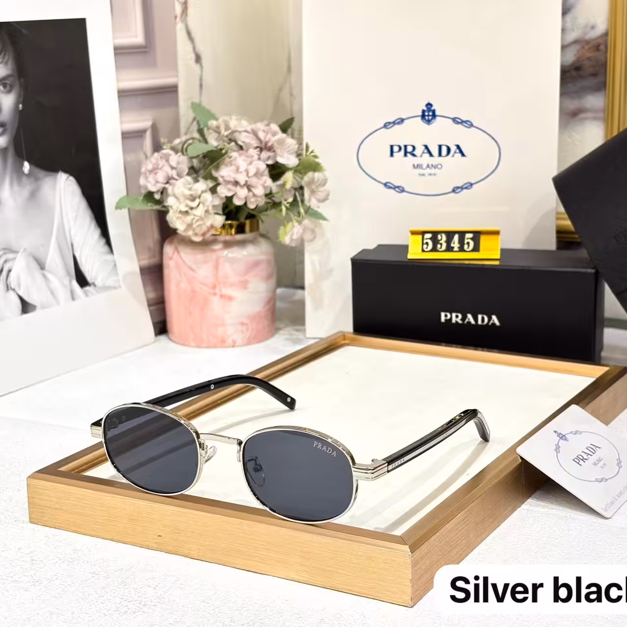 Prada Round Silver Frame Black Tint Unisex Sunglass