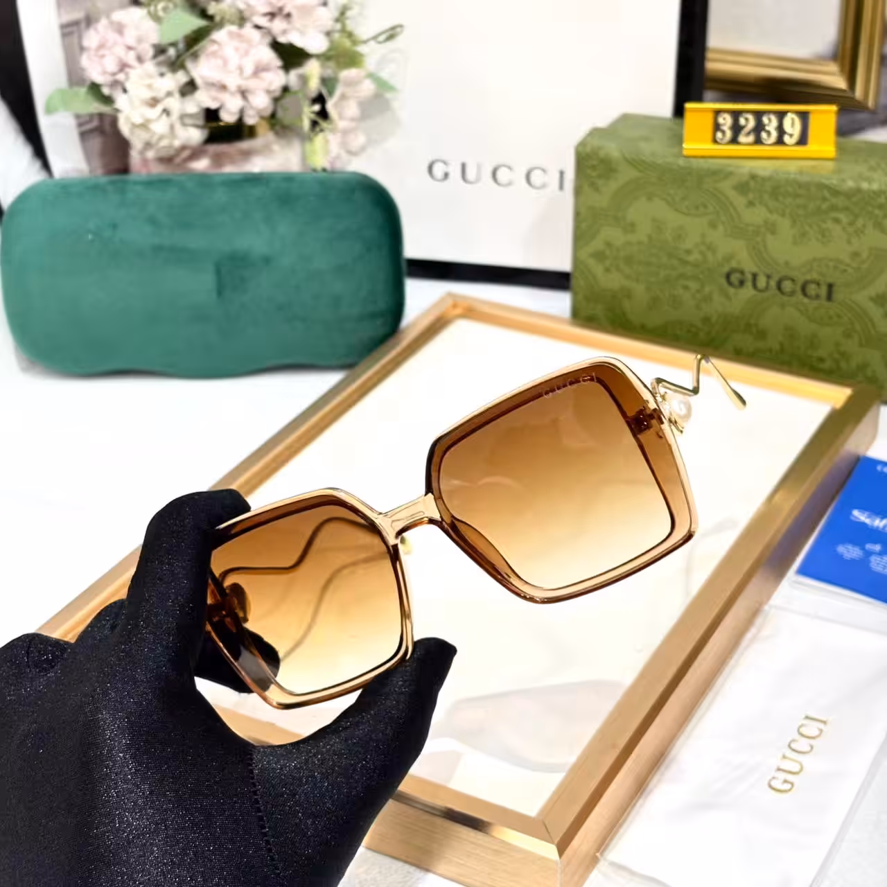Gucci Pearl Square Oversized Women’s Sunglass