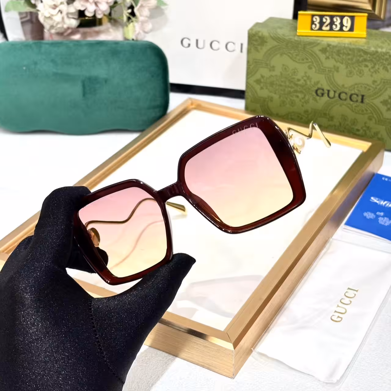 Gucci Pearl Square Oversized Women’s Sunglass