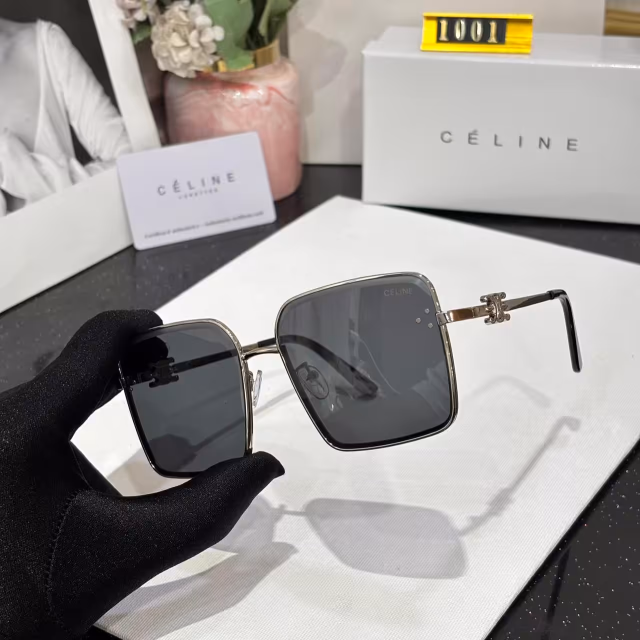 WhatsApp Image 2025-11-03 at 5.08.43 PM (1) Celine Square Oversized Black Tint Silver Frame Women’s Sunglass