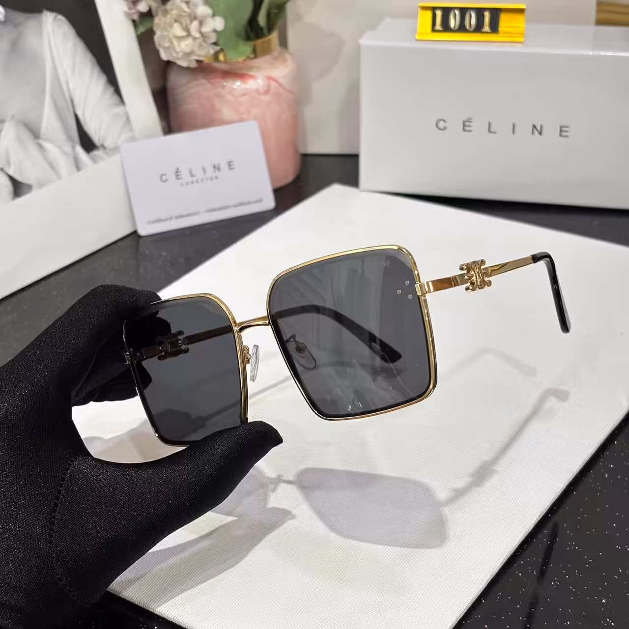Celine Square Oversized Black Tint Gold Frame Women’s Sunglass