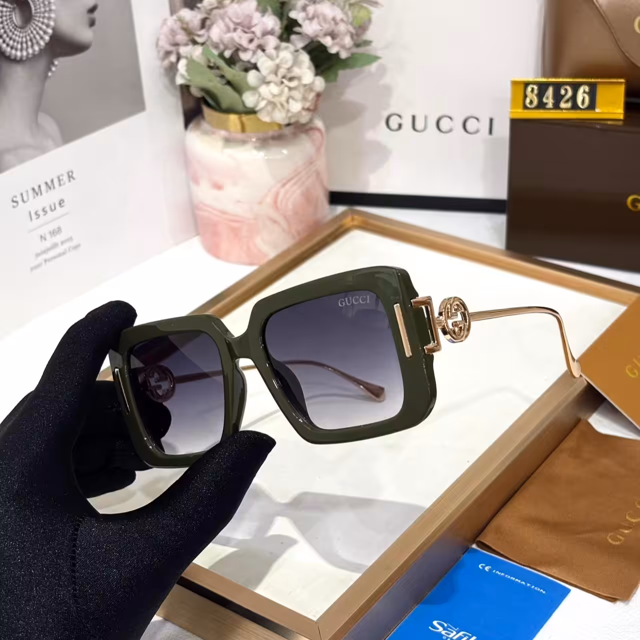 Gucci Square Oversized Green Frame Women’s Sunglass