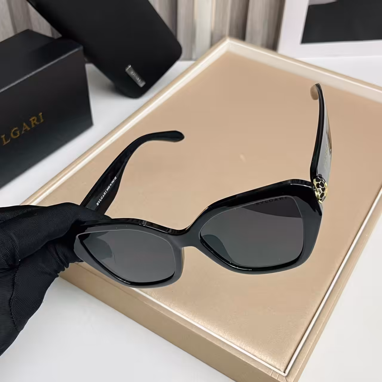Bvlgari Cat-Eye Sunglasses Classic Black Frame with Gold Serpenti Accent