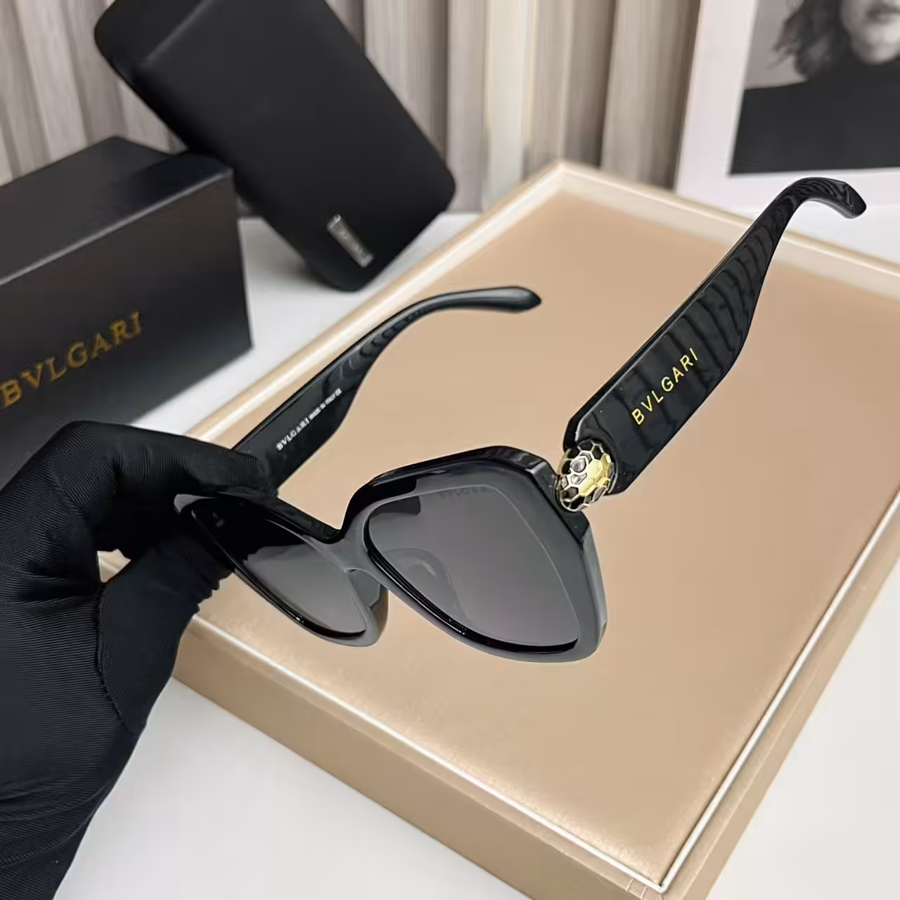Bvlgari Cat-Eye Sunglasses Classic Black Frame with Gold Serpenti Accent