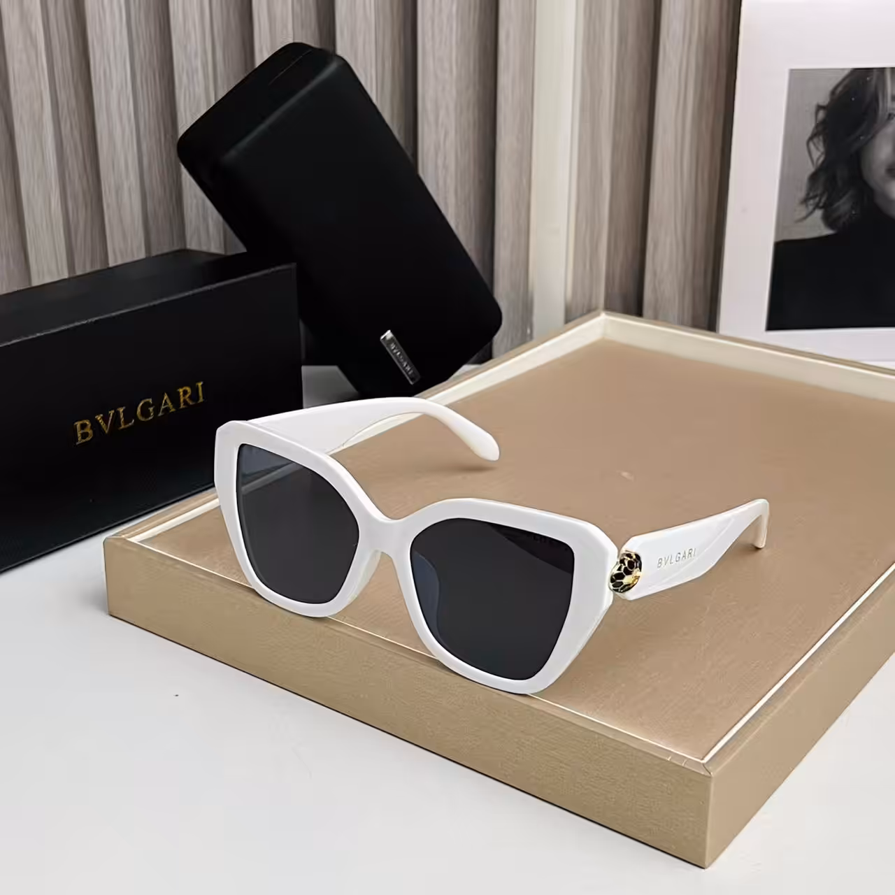 Bvlgari Cat-Eye Sunglasses White Frame with Gold Serpenti Accent