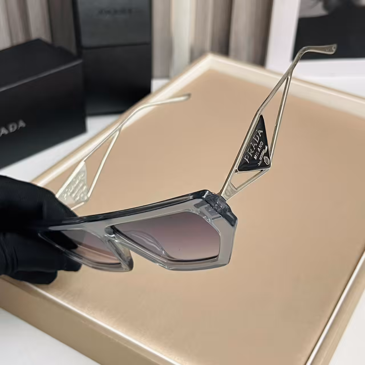 Prada Geometric Square Sunglasses Silver Frame with Iconic Logo Detailing