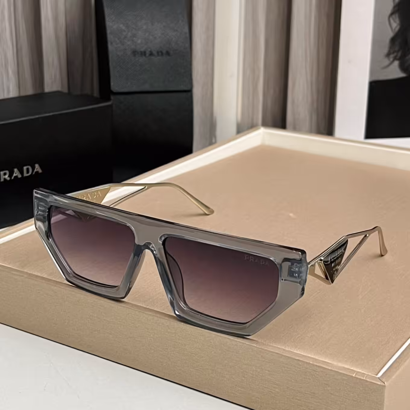 Prada Geometric Square Sunglasses Silver Frame with Iconic Logo Detailing