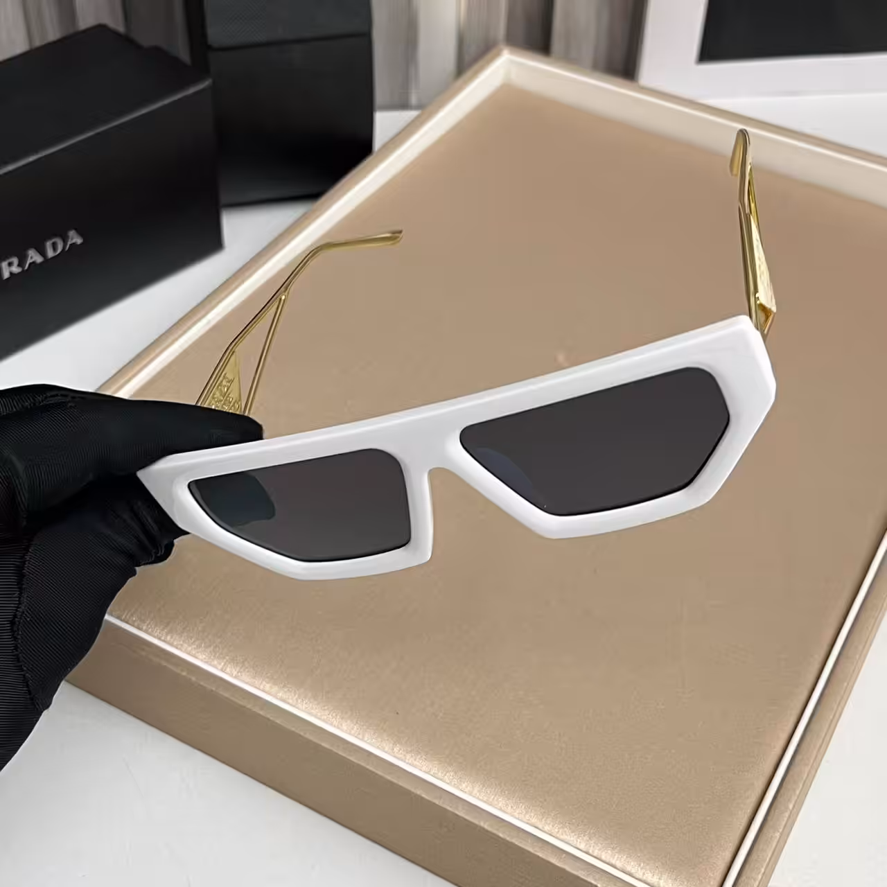 Prada Geometric Square Sunglasses White Frame with Gold Metal Logo