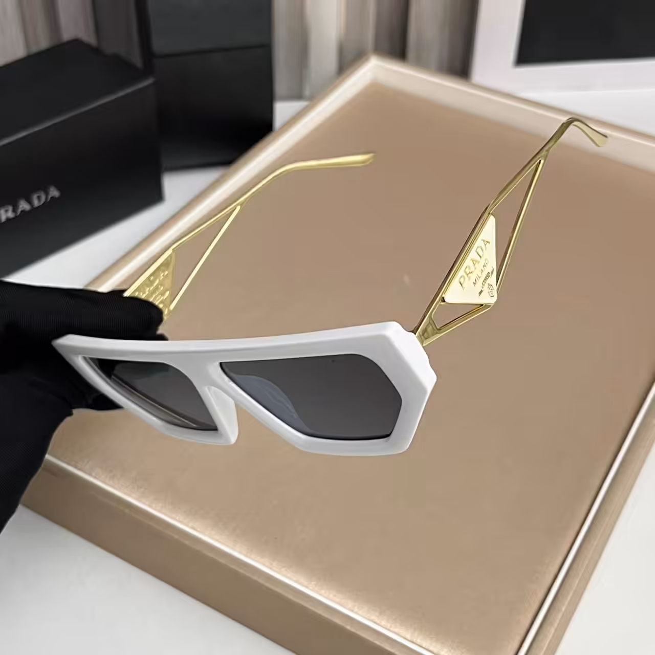 Prada Geometric Square Sunglasses White Frame with Gold Metal Logo