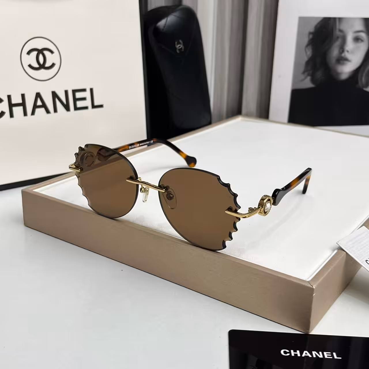 Chanel Brown Scalloped Rimless Sunglasses