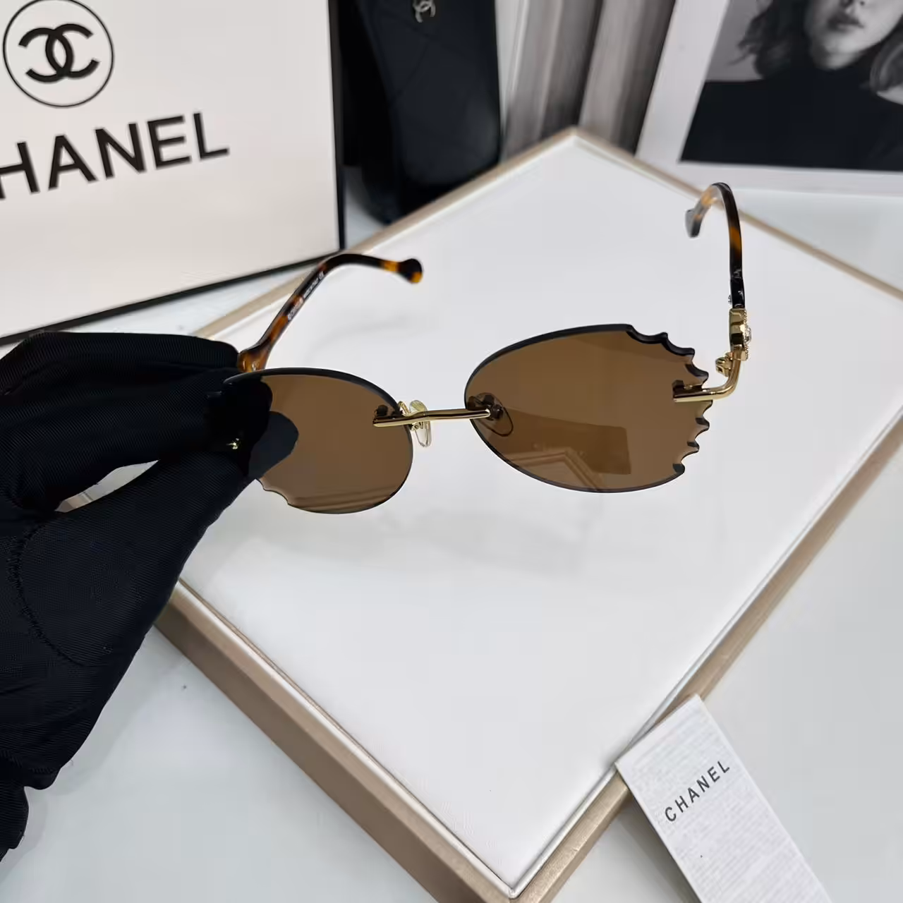Chanel Brown Scalloped Rimless Sunglasses