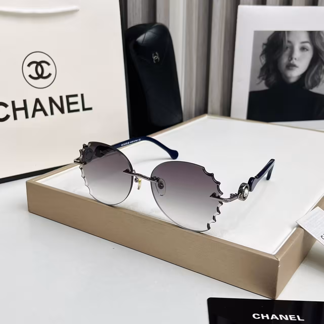 Chanel Grey Gradient Scalloped Rimless Sunglasses