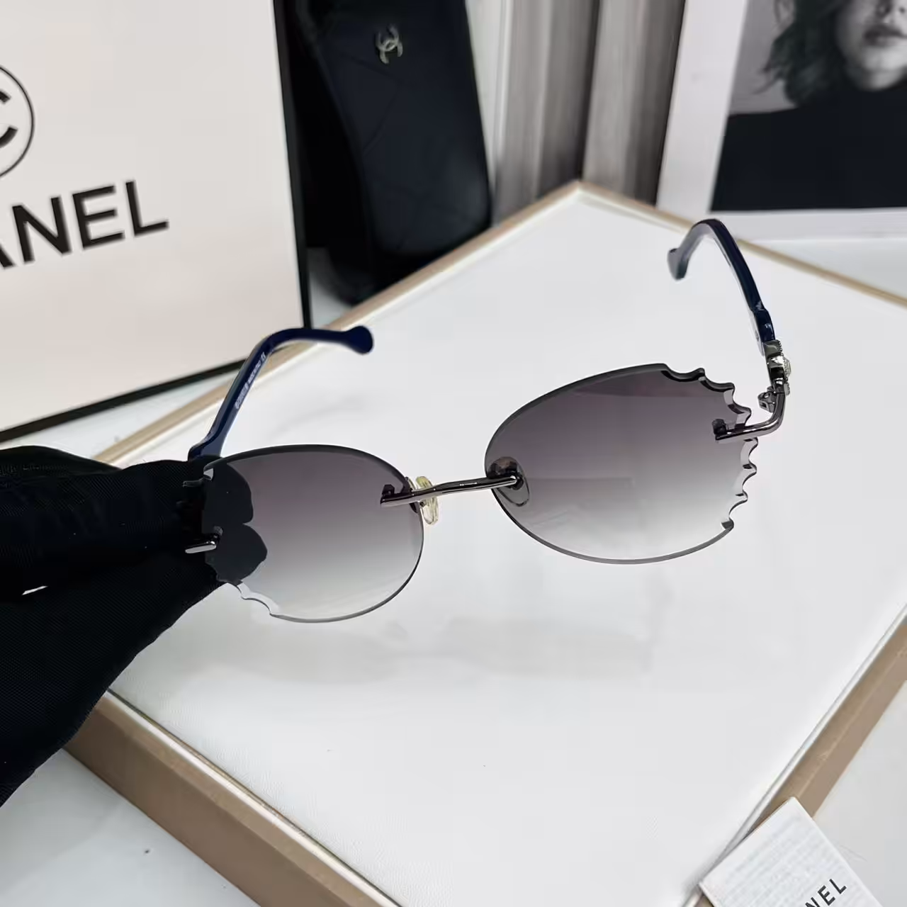 Chanel Grey Gradient Scalloped Rimless Sunglasses