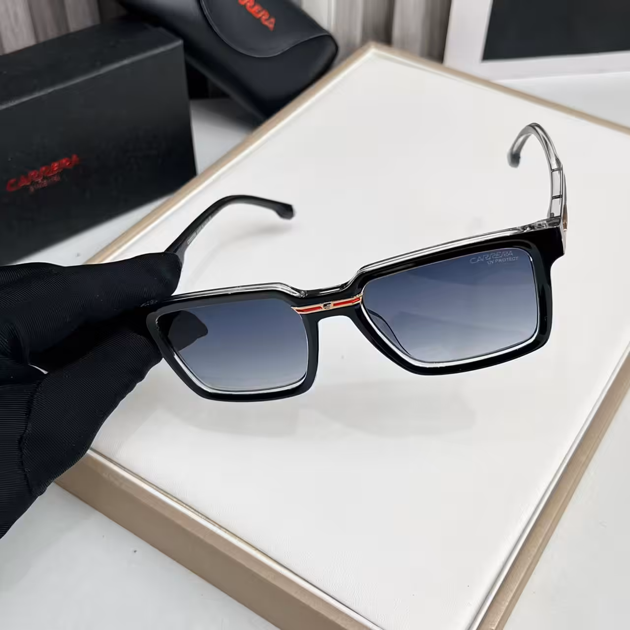 Carrera Black Red-Stripe Gradient Square Sunglasses