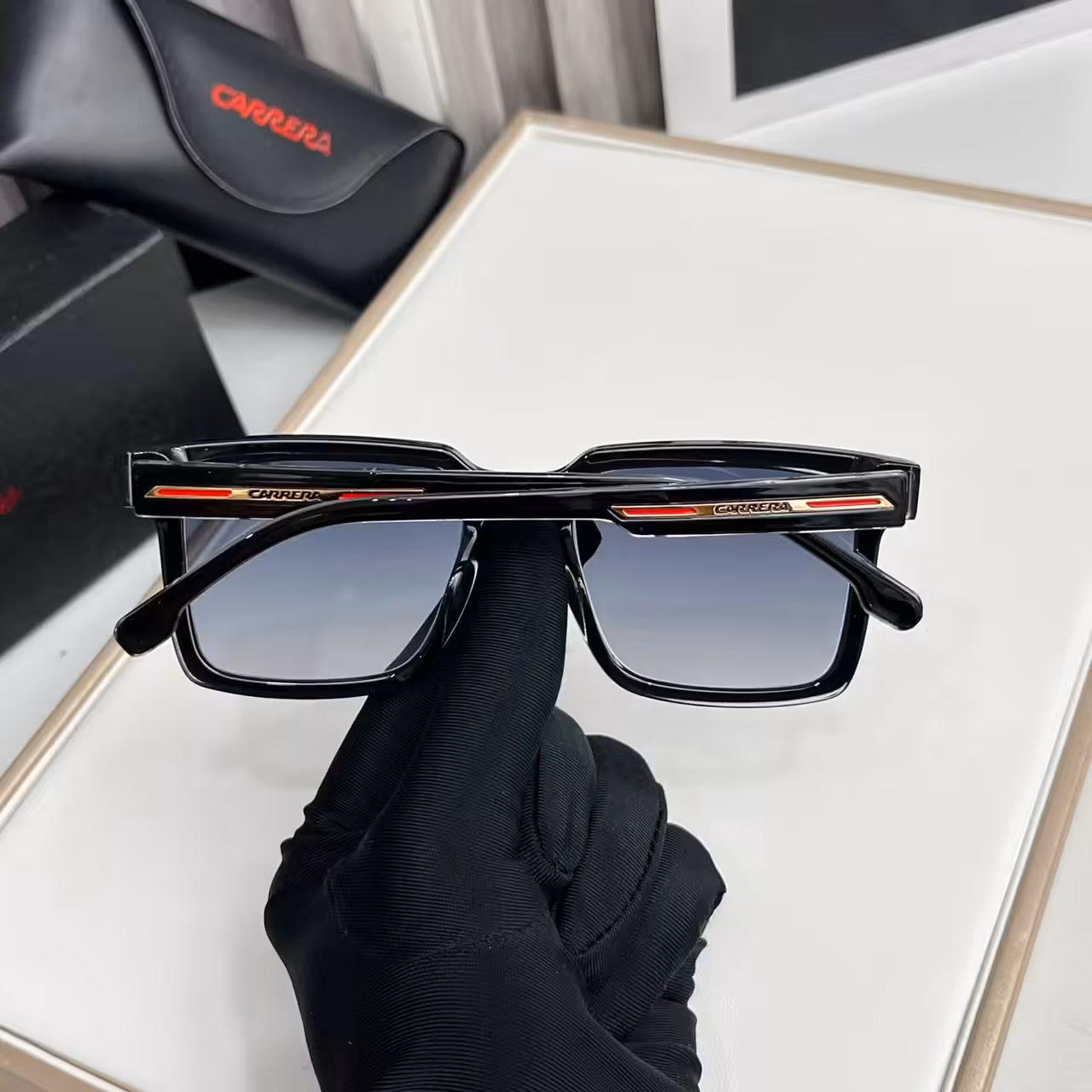 Carrera Black Red-Stripe Gradient Square Sunglasses