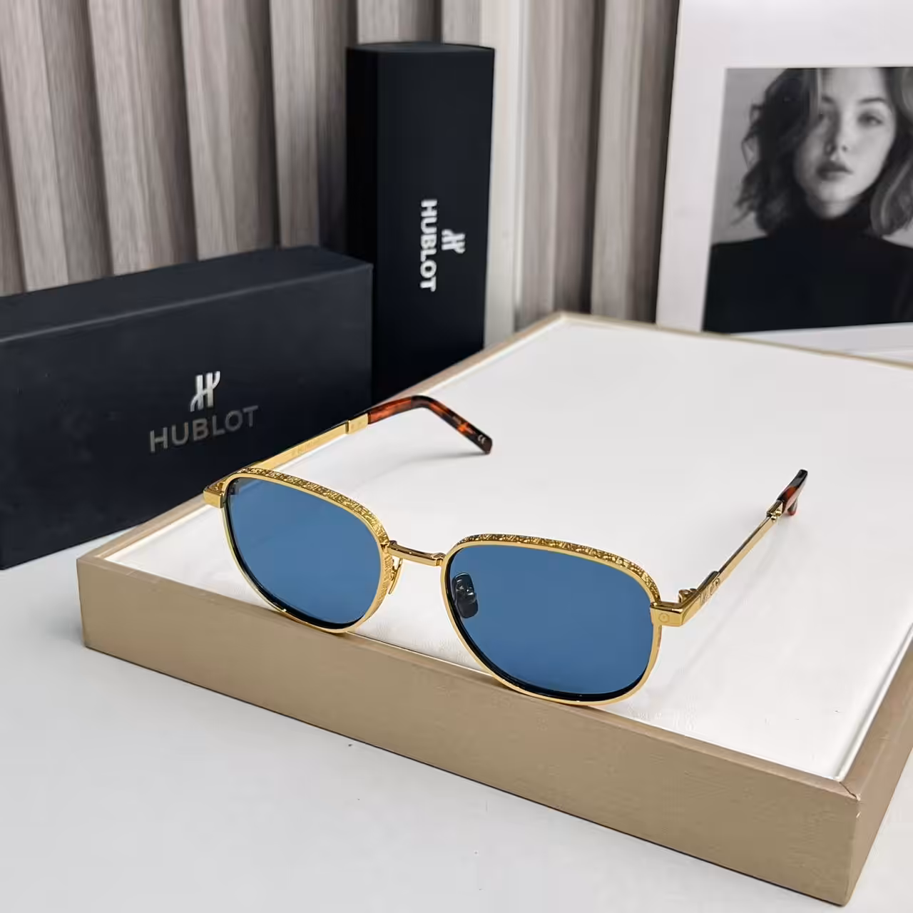 Hublot Gold Engraved  Blue Oval Sunglasses
