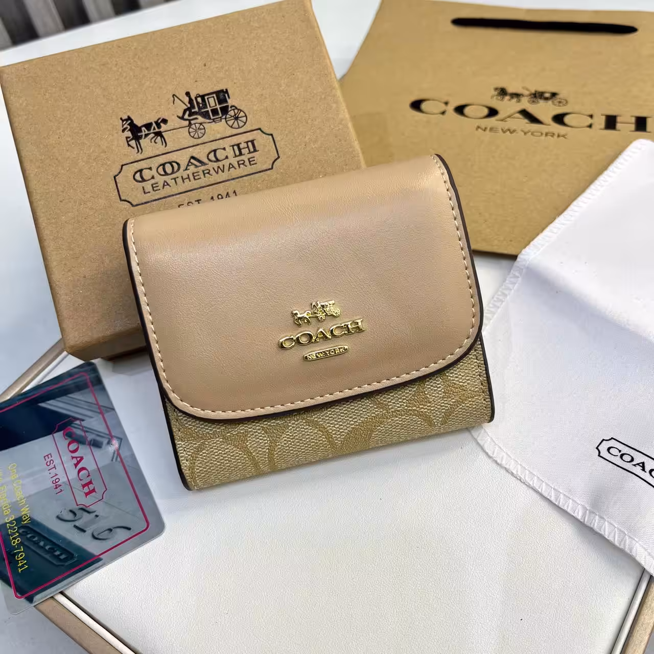 Coach three Fold Apricot Beige Wallet