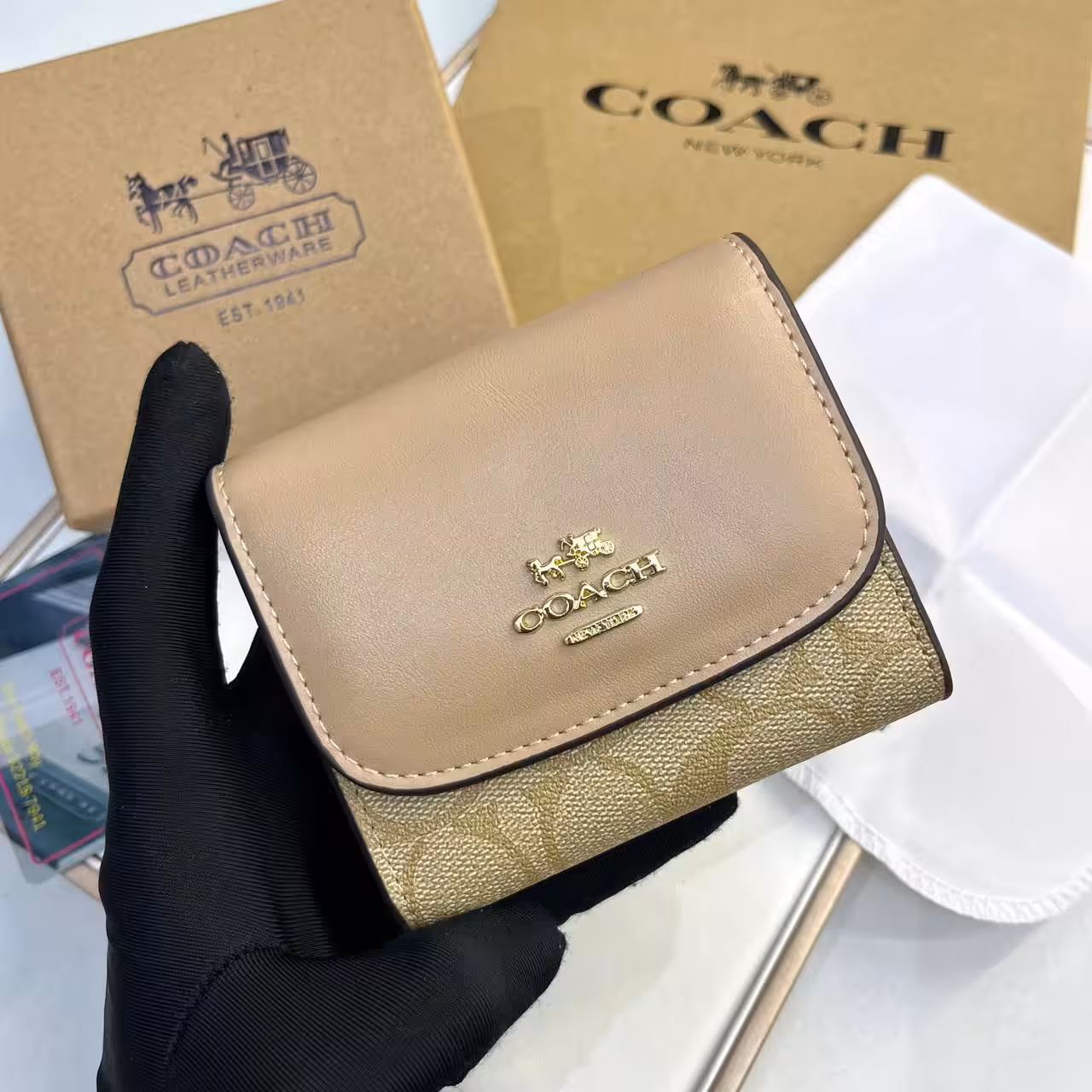 Coach three Fold Apricot Beige Wallet