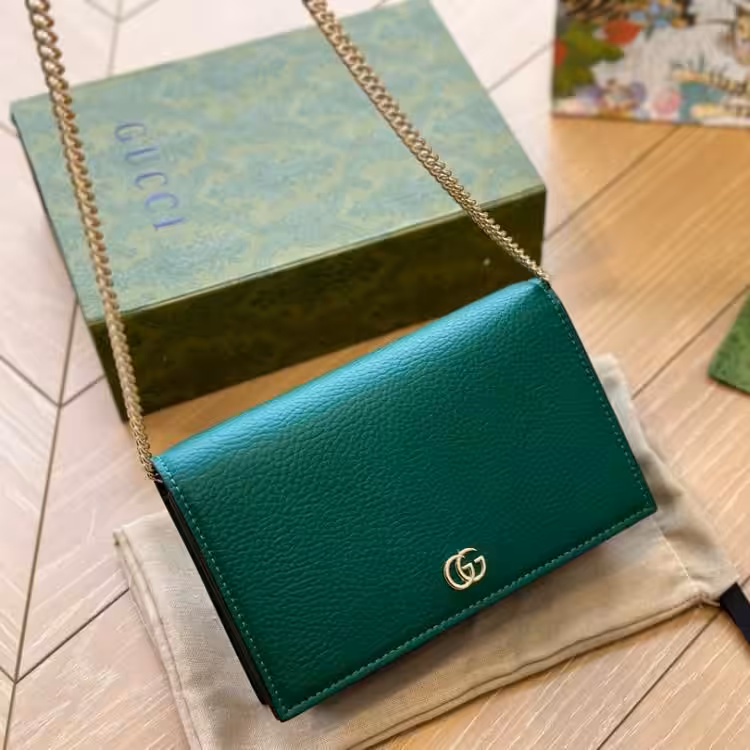 Gucci Marmont Chain Leather Green Sling Bag (With Box)