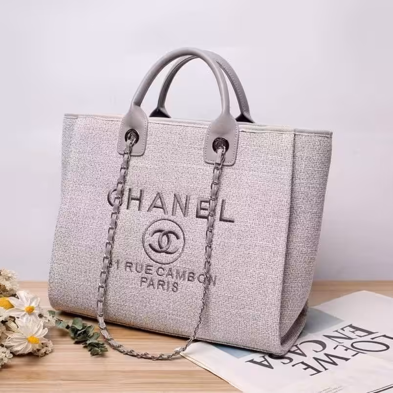 Chanel Deauville Beige Grey Canvas Tote