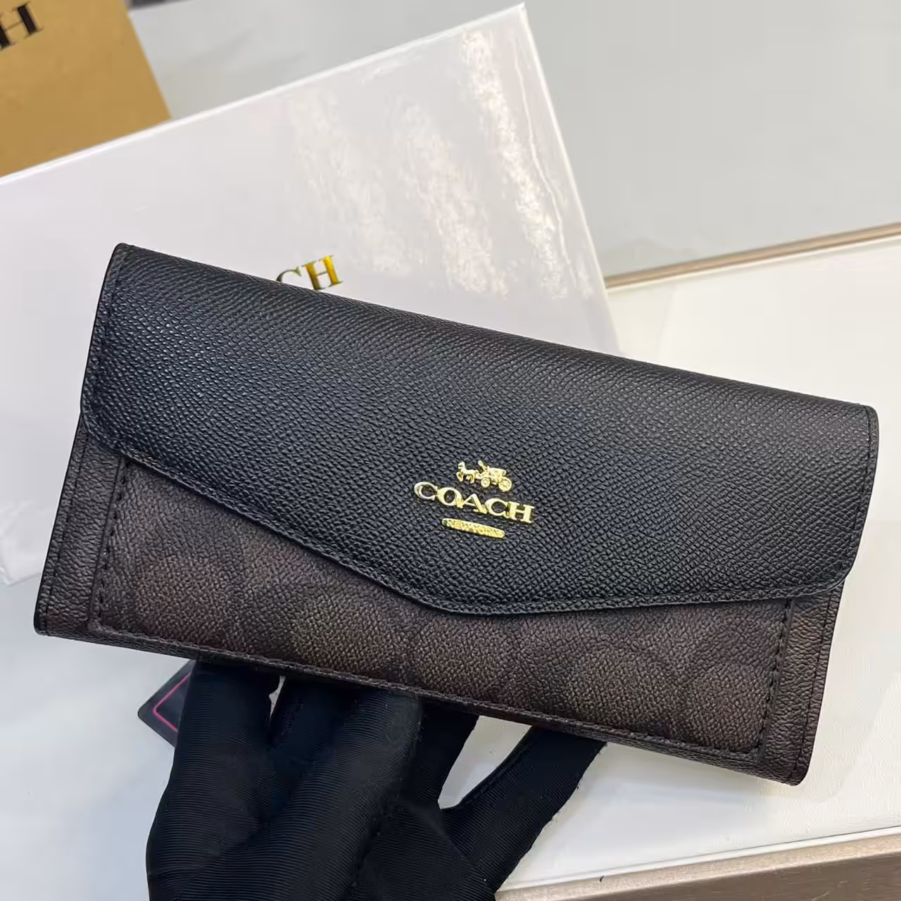 Coach Coffee Black 3 Fold Envelop Signature Wallet
