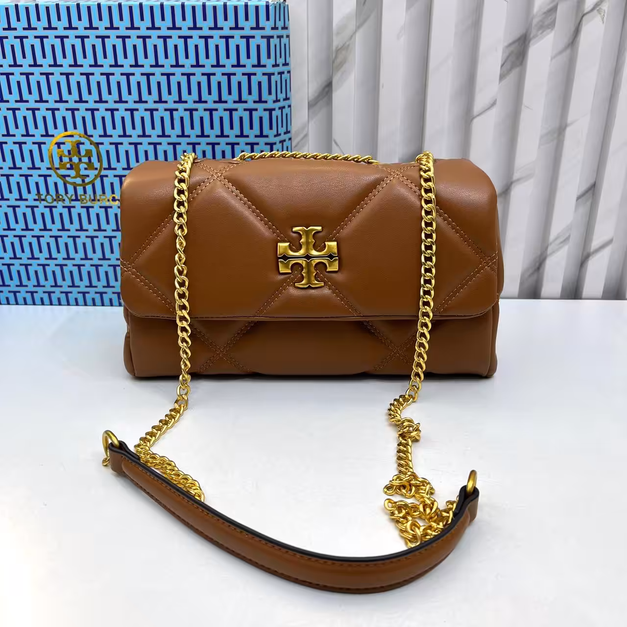 Tory Burch Diamond Kira Brown Color Sling Bag (With Box)