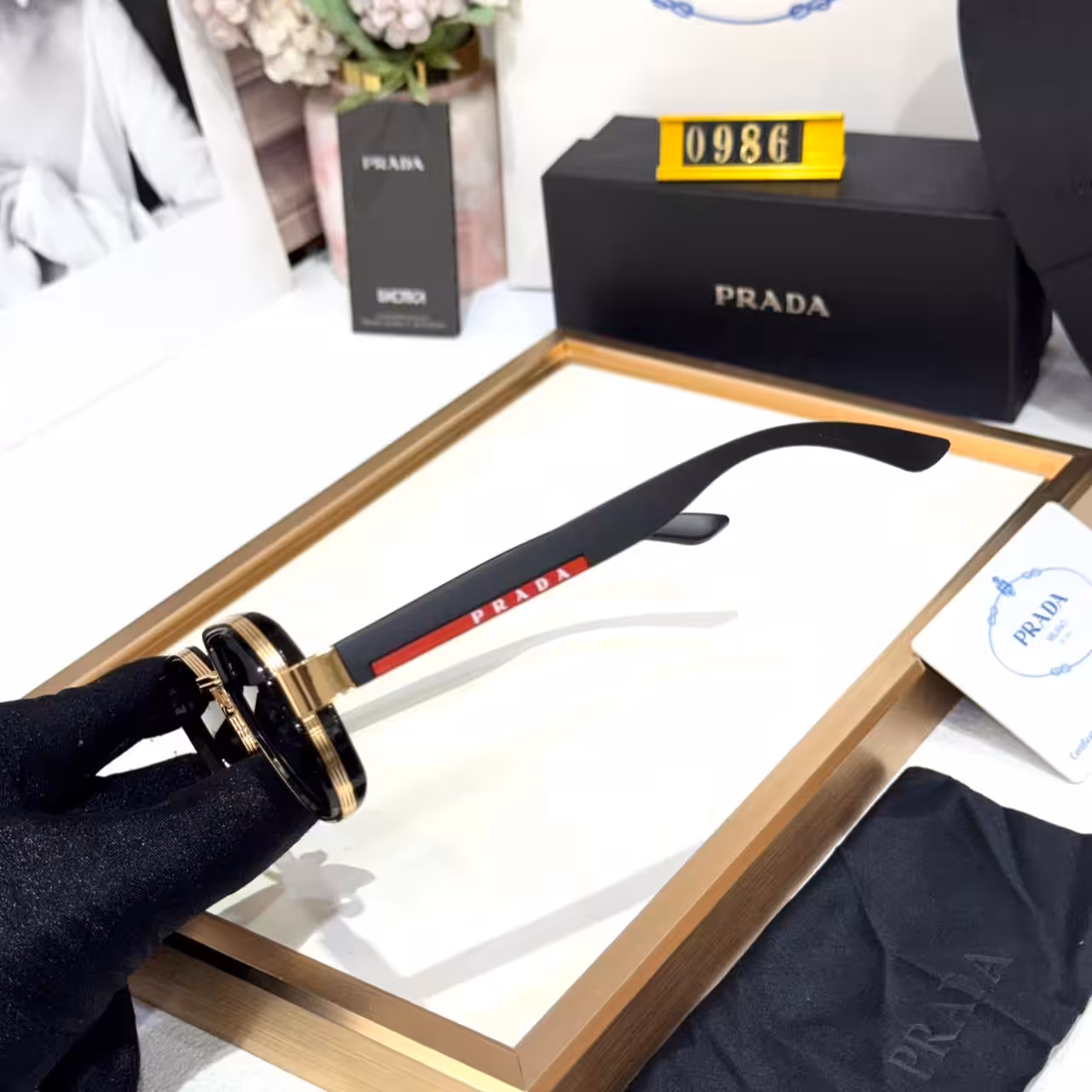 Prada Black & Gold Square Unisex Sunglasses