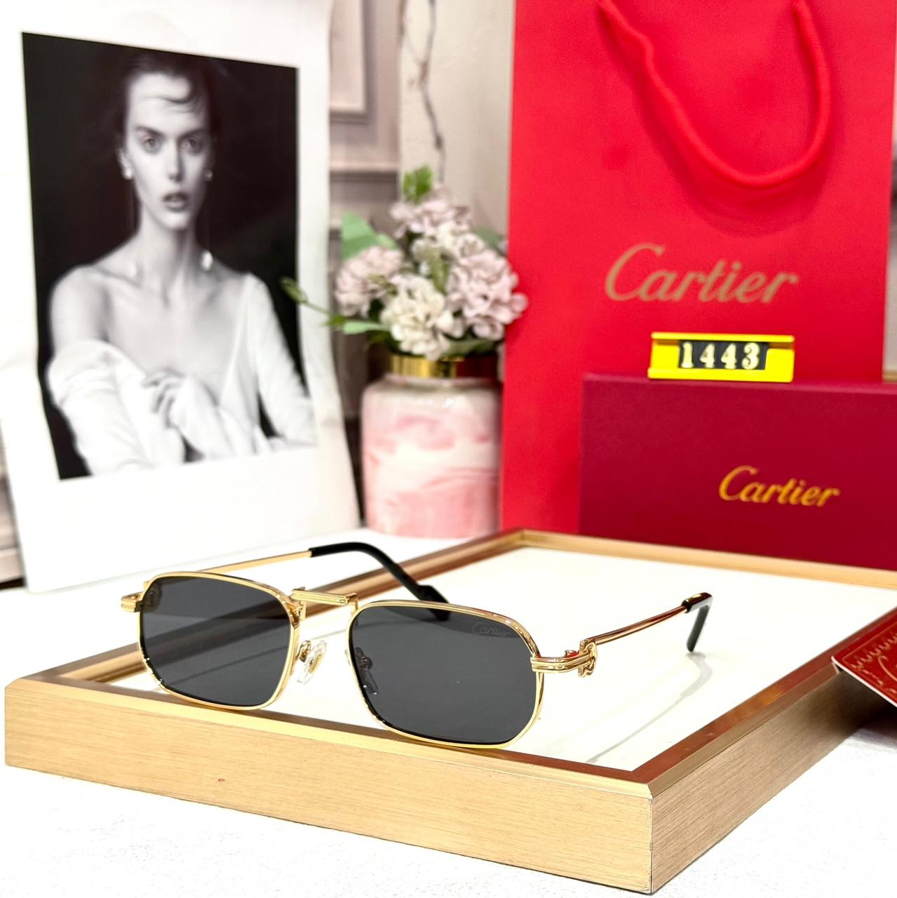 Cartier Gold Black Rectangular Sunglasses