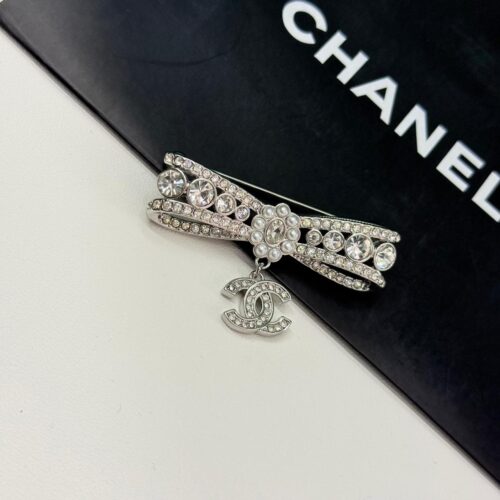 Chanel Silver Studded Bow Brooch